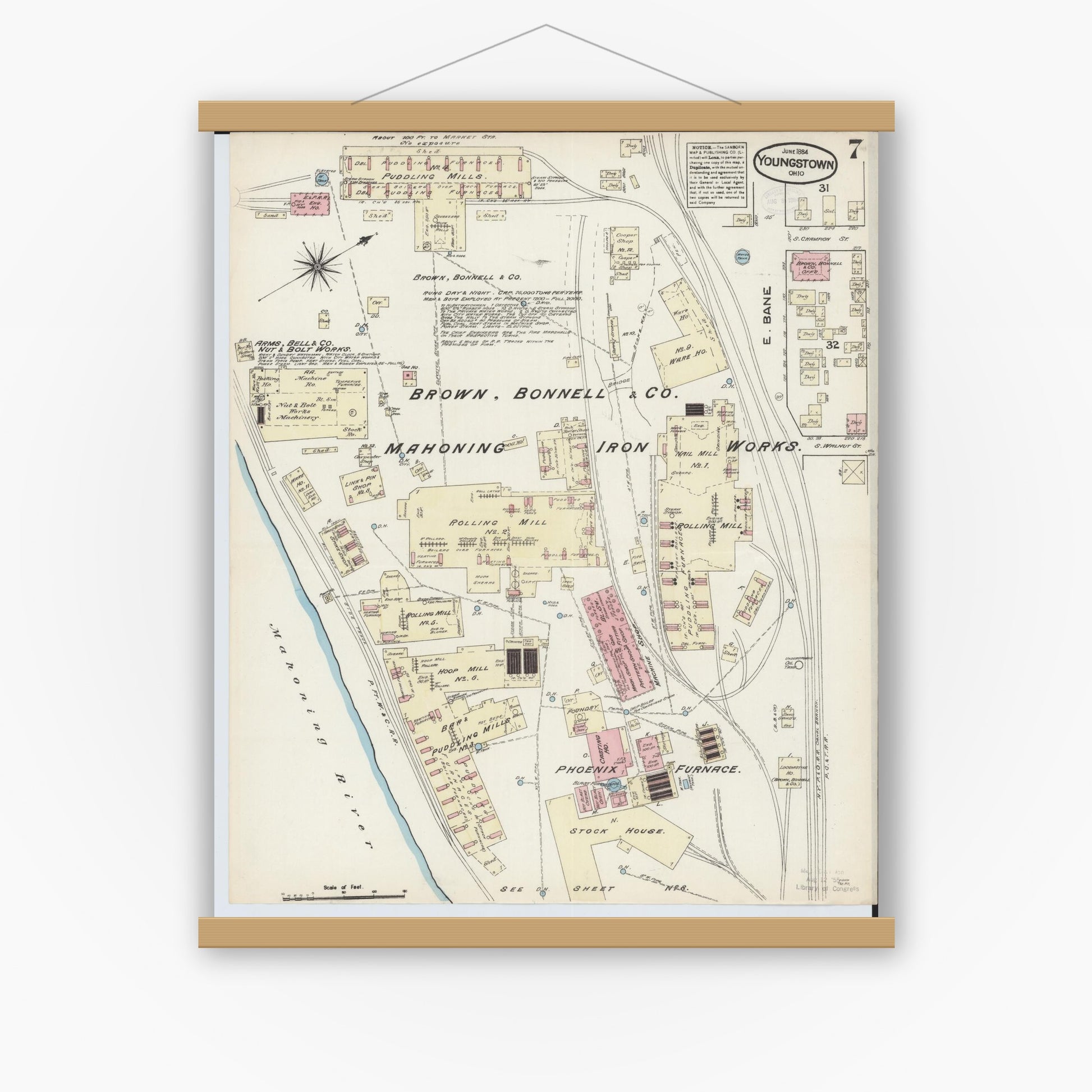 Old map wall art mockup — magnetic wood frame on white wall — Sanborn Fire Insurance Map from Youngstown, Mahoning County, Ohio (1884), Sheet #0007