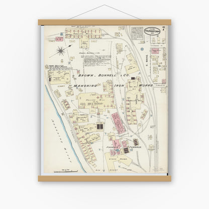 Old map wall art mockup — magnetic wood frame on white wall — Sanborn Fire Insurance Map from Youngstown, Mahoning County, Ohio (1884), Sheet #0007