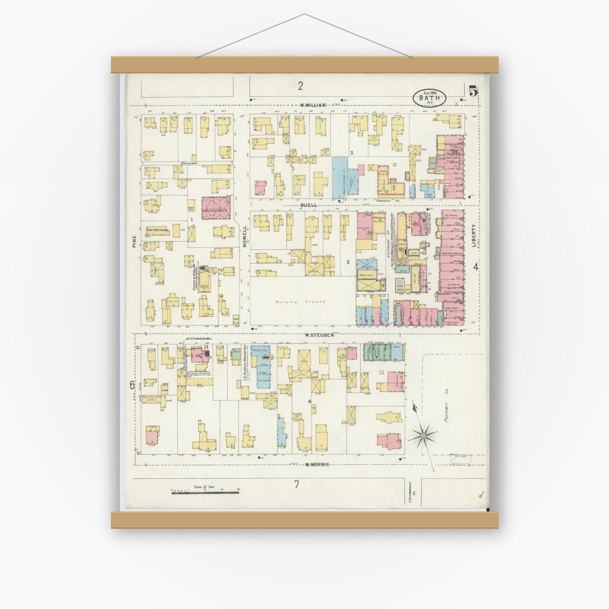 Old map wall art mockup — magnetic wood frame on white wall — Sanborn Fire Insurance Map from Bath, Steuben County, New York (1898), Sheet #0005