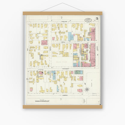 Old map wall art mockup — magnetic wood frame on white wall — Sanborn Fire Insurance Map from Bath, Steuben County, New York (1898), Sheet #0005