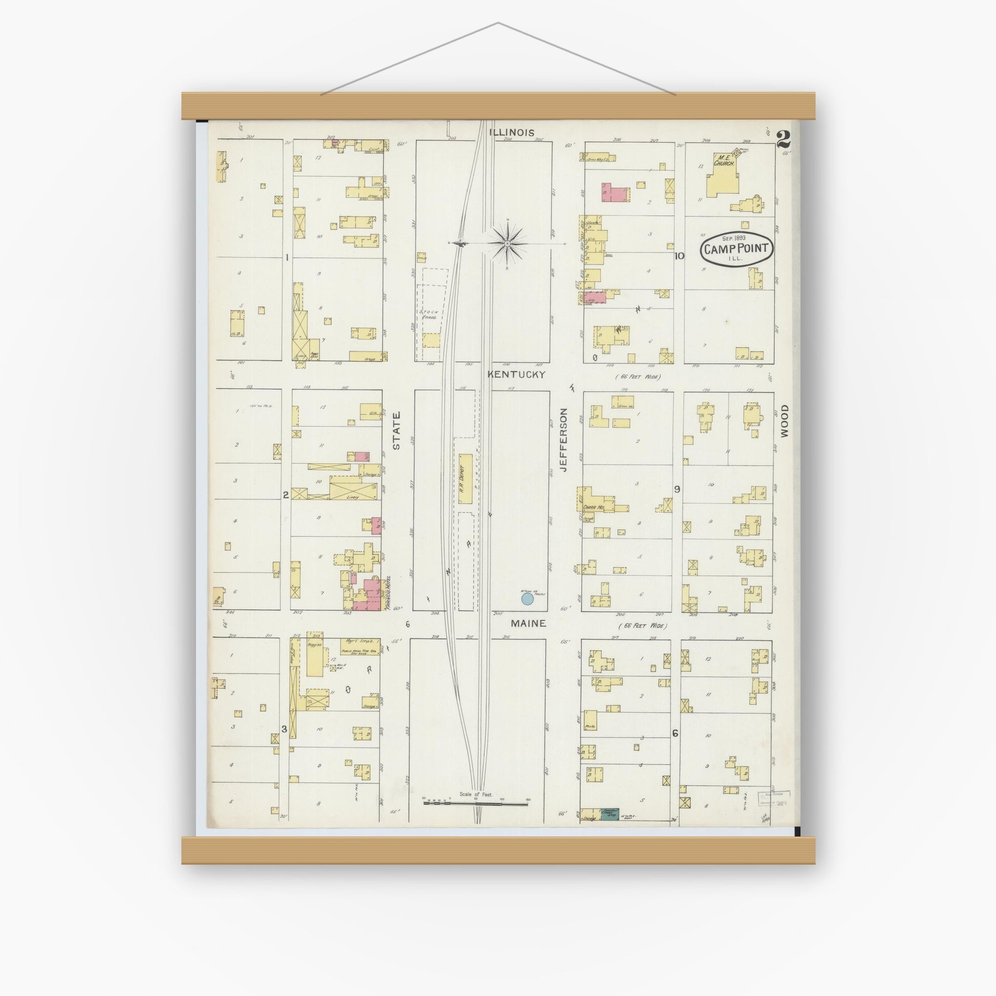 Old map wall art mockup — magnetic wood frame on white wall — Sanborn Fire Insurance Map from Camp Point, Adams County, Illinois (1893), Sheet #0002