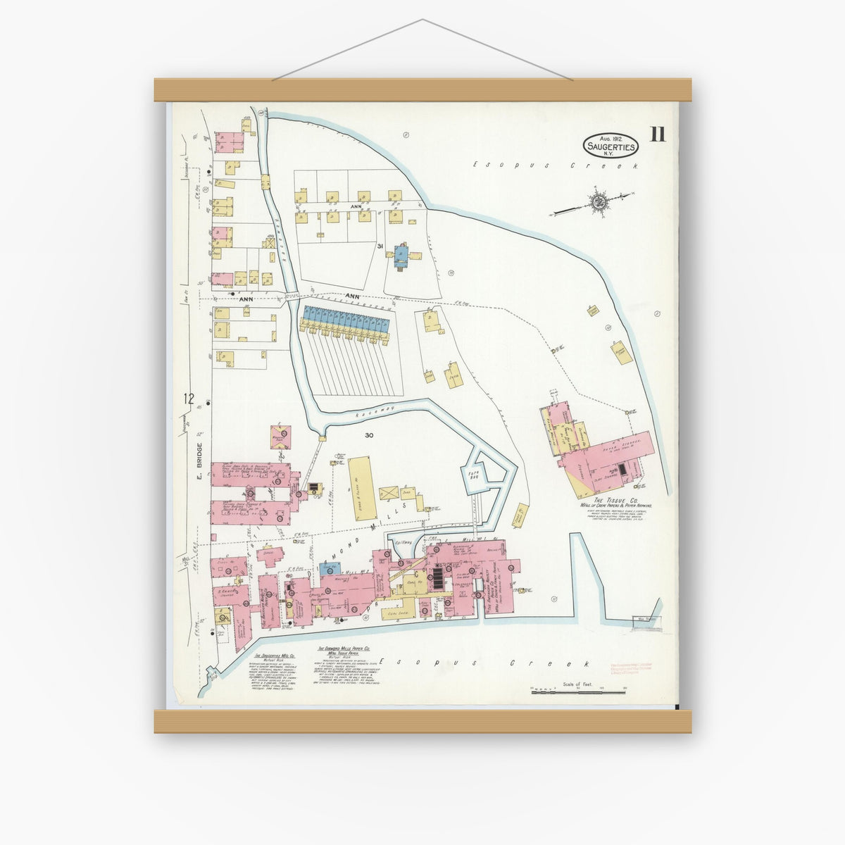 Old map wall art mockup — magnetic wood frame on white wall — Sanborn Fire Insurance Map from Saugerties, Ulster County, New York (1912), Sheet #0011