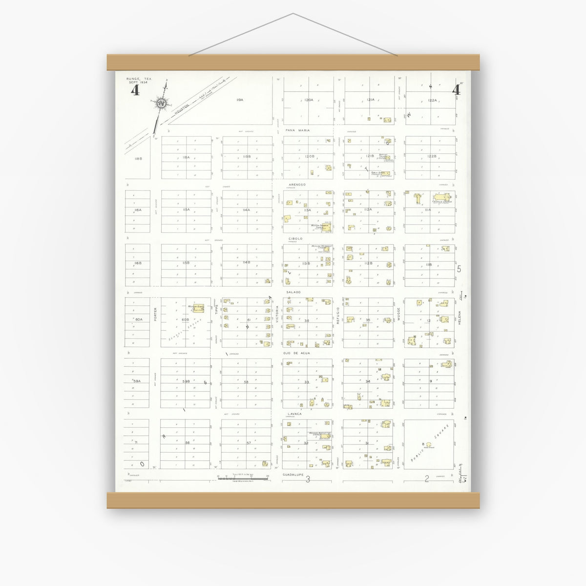 Old map wall art mockup — magnetic wood frame on white wall — Sanborn Fire Insurance Map from Runge, Karnes County, Texas (1934), Sheet #0004