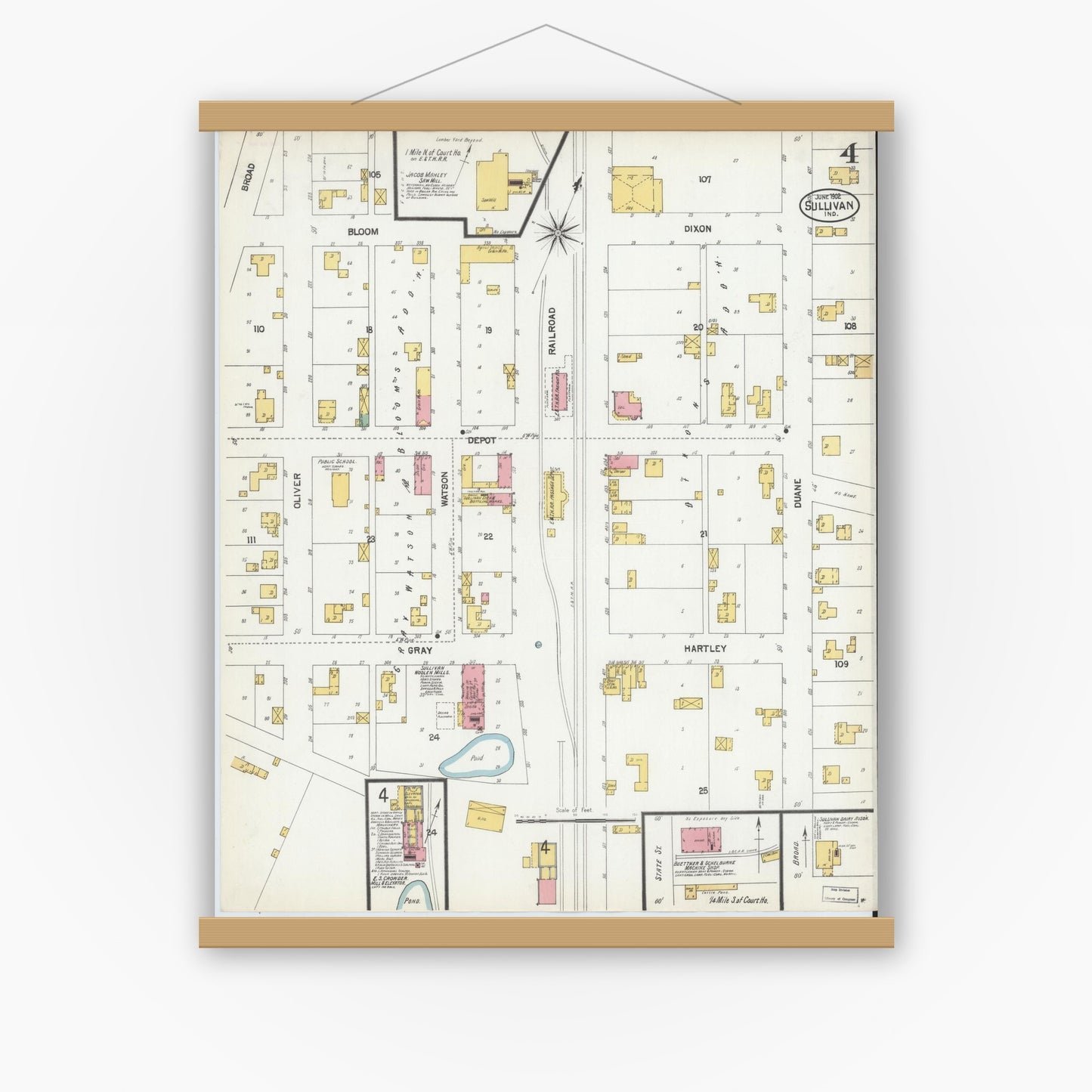 Old map wall art mockup — magnetic wood frame on white wall — Sanborn Fire Insurance Map from Sullivan, Sullivan County, Indiana (1902), Sheet #0004