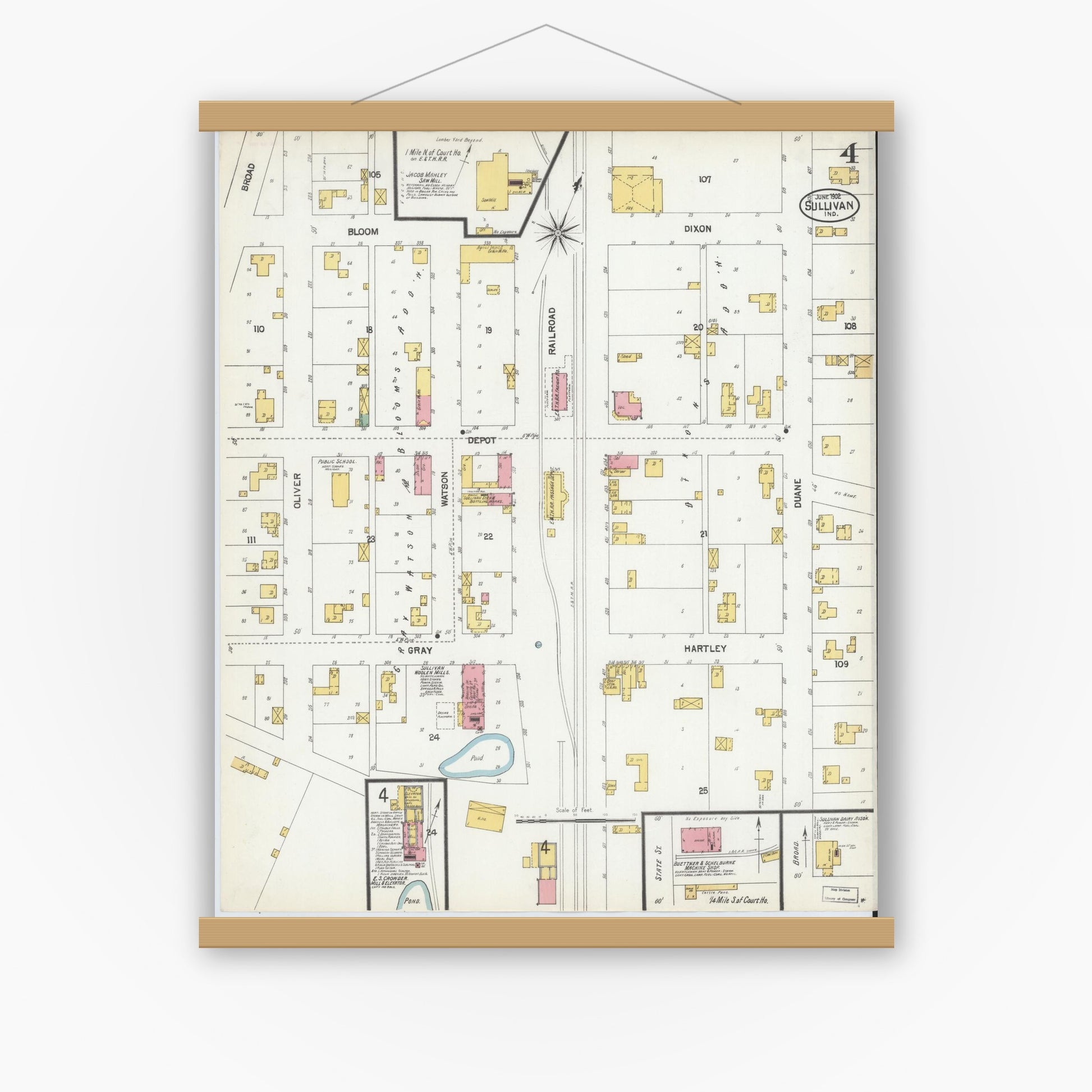 Old map wall art mockup — magnetic wood frame on white wall — Sanborn Fire Insurance Map from Sullivan, Sullivan County, Indiana (1902), Sheet #0004