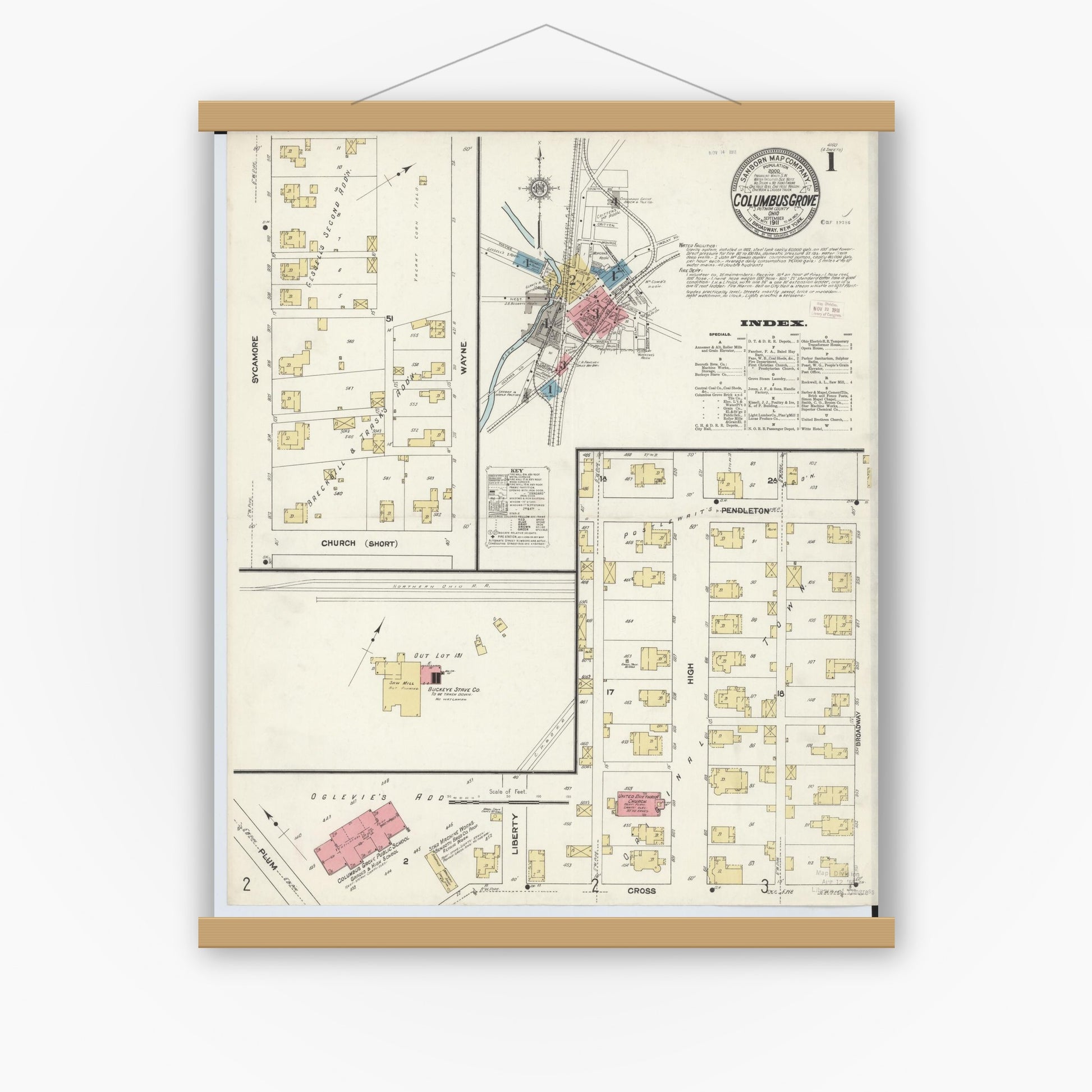 Old map wall art mockup — magnetic wood frame on white wall — Sanborn Fire Insurance Map from Columbus Grove, Putnam County, Ohio (1911), Sheet #0001