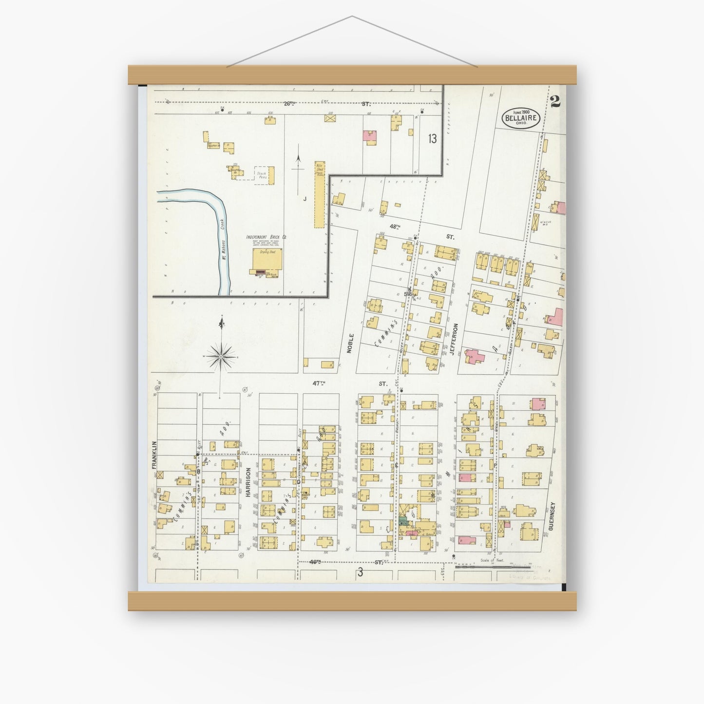 Old map wall art mockup — magnetic wood frame on white wall — Sanborn Fire Insurance Map from Bellaire, Belmont County, Ohio (1900), Sheet #0002