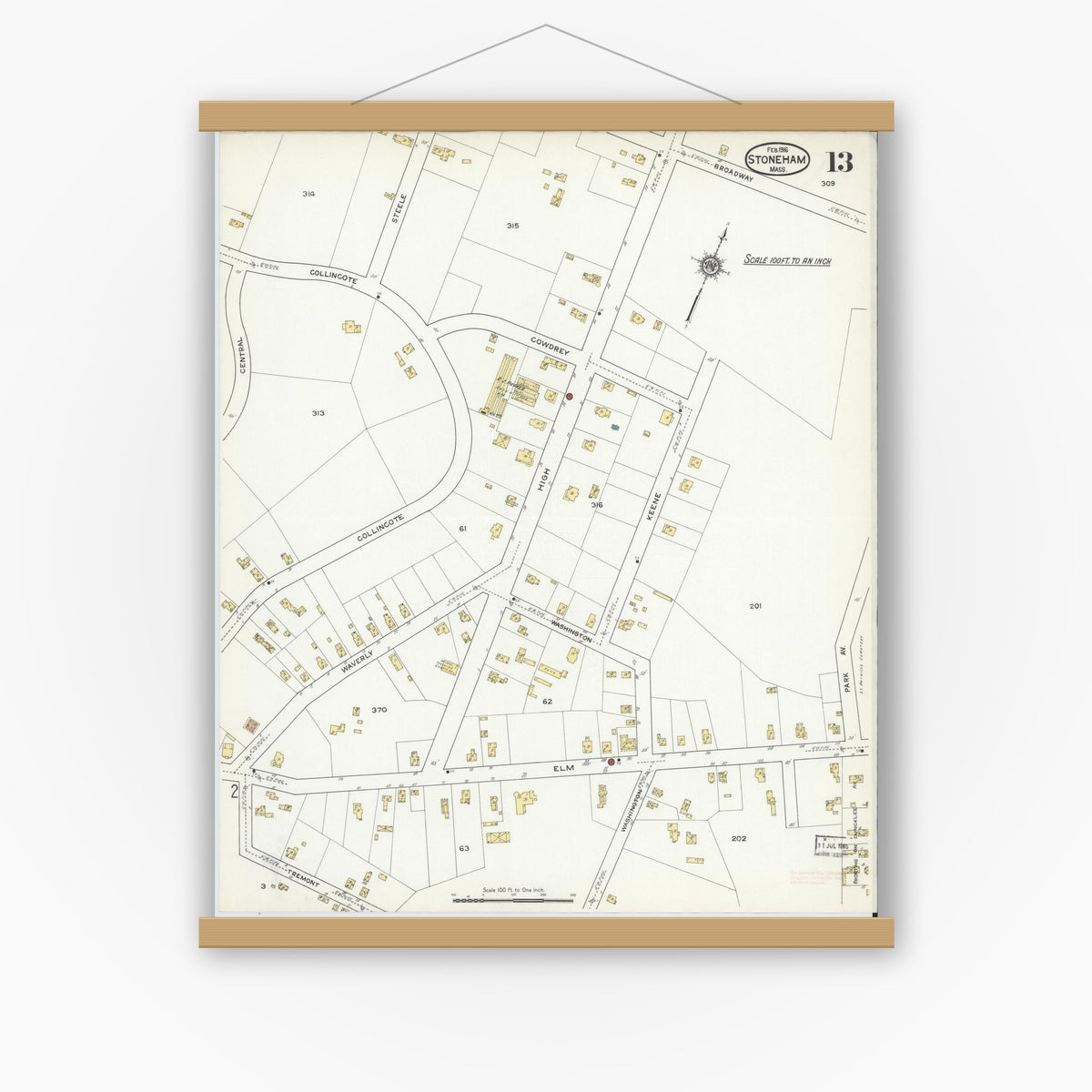 Old map wall art mockup — magnetic wood frame on white wall — Sanborn Fire Insurance Map from Stoneham, Middlesex County, Massachusetts (1916), Sheet #0013