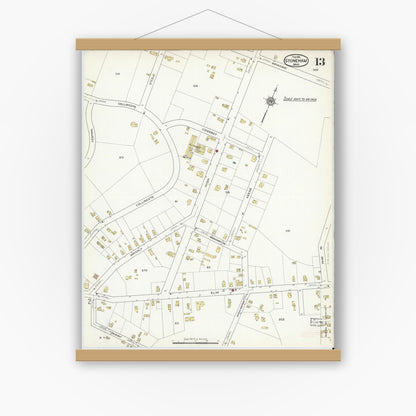 Old map wall art mockup — magnetic wood frame on white wall — Sanborn Fire Insurance Map from Stoneham, Middlesex County, Massachusetts (1916), Sheet #0013