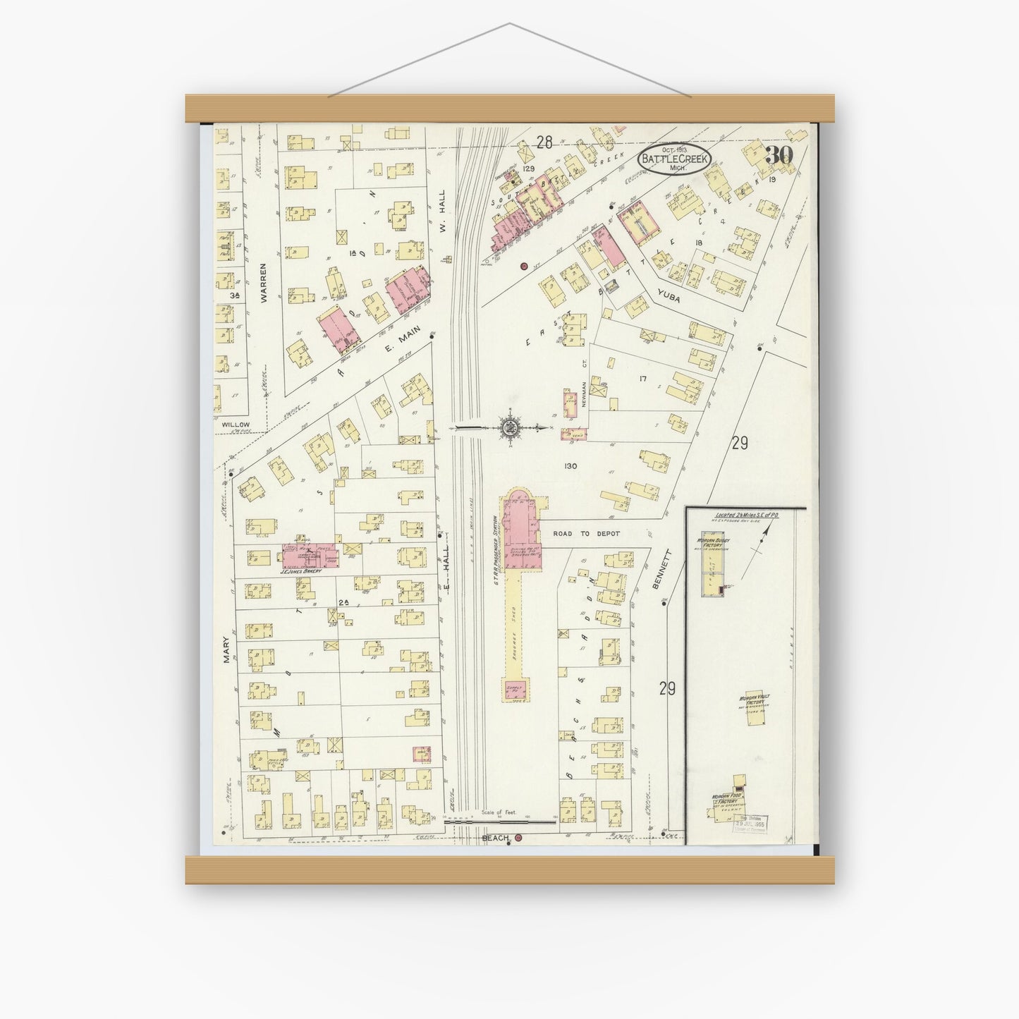 Old map wall art mockup — magnetic wood frame on white wall — Sanborn Fire Insurance Map from Battle Creek, Calhoun County, Michigan (1913), Sheet #0030