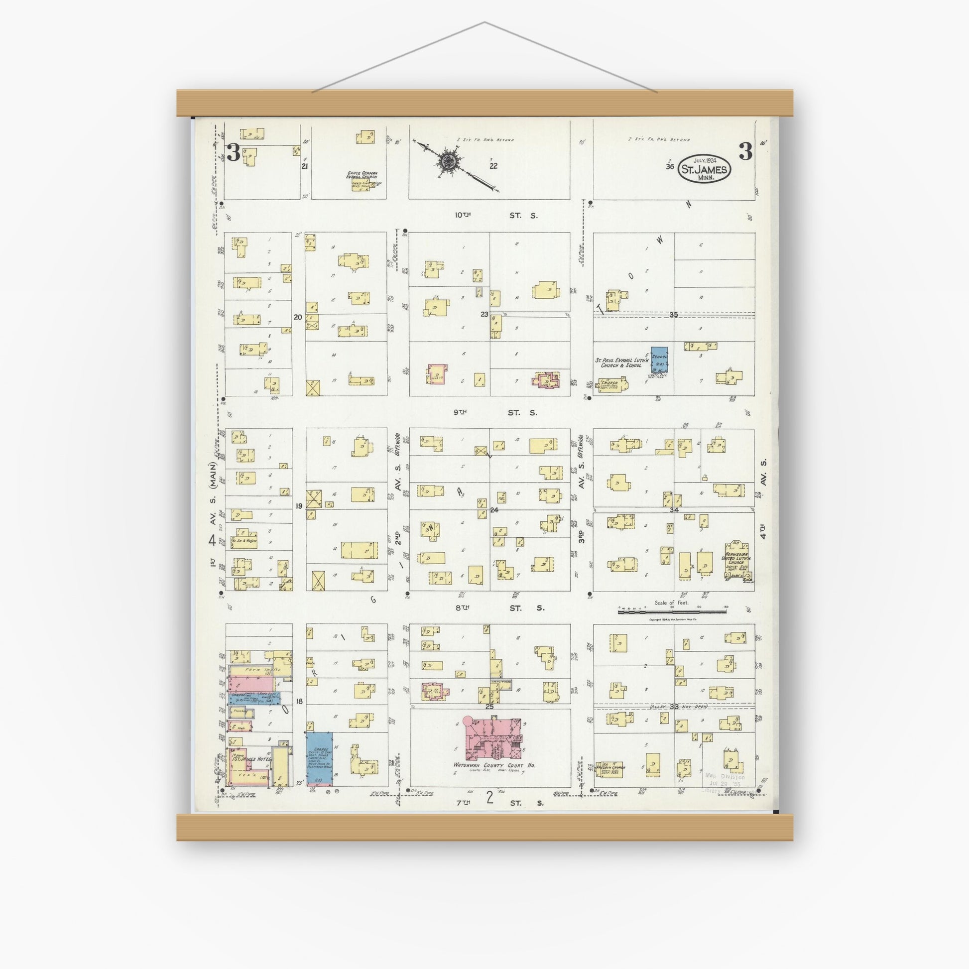 Old map wall art mockup — magnetic wood frame on white wall — Sanborn Fire Insurance Map from Saint James, Watonwan County, Minnesota (1924), Sheet #0003