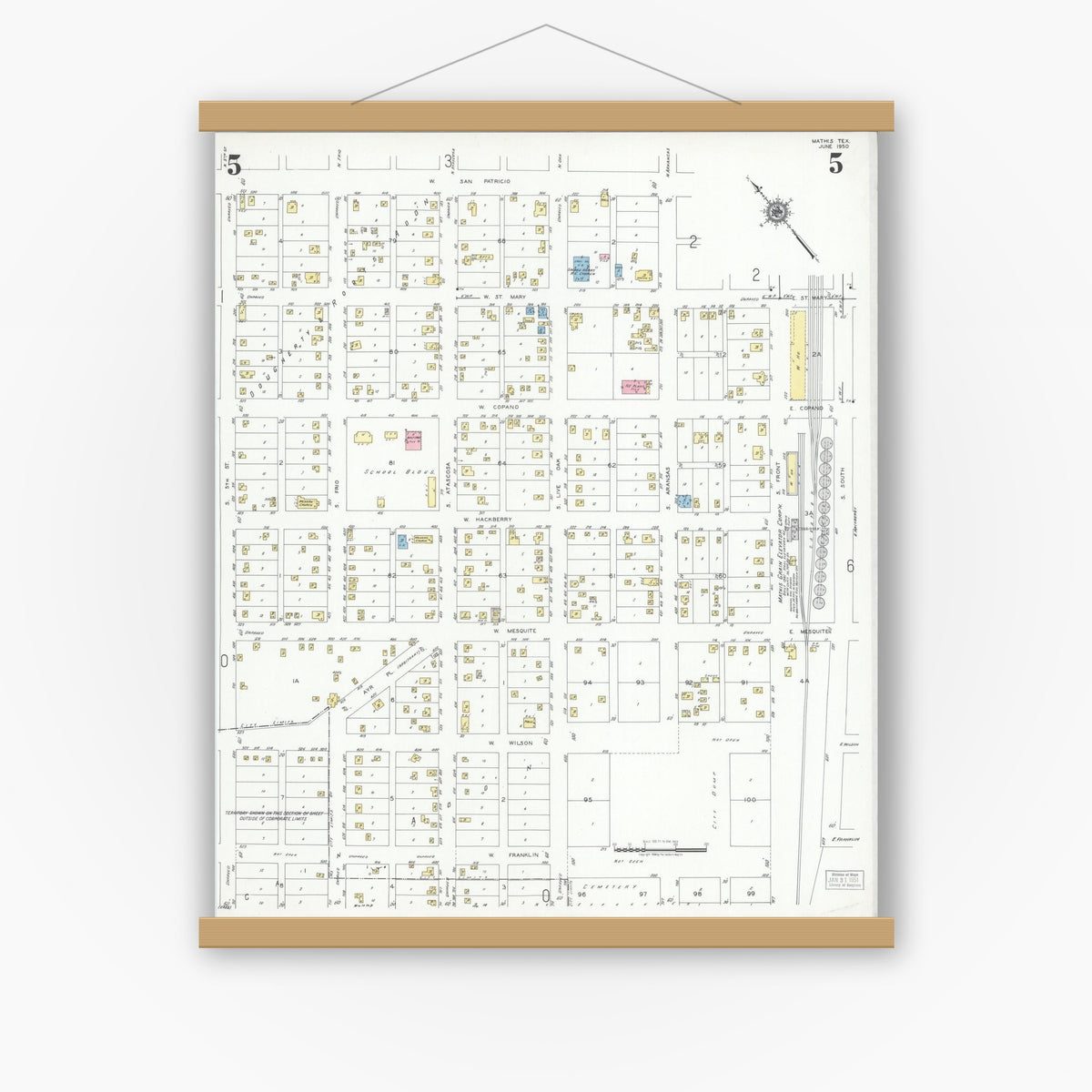 Old map wall art mockup — magnetic wood frame on white wall — Sanborn Fire Insurance Map from Mathis, San Patricio County, Texas (1950), Sheet #0005