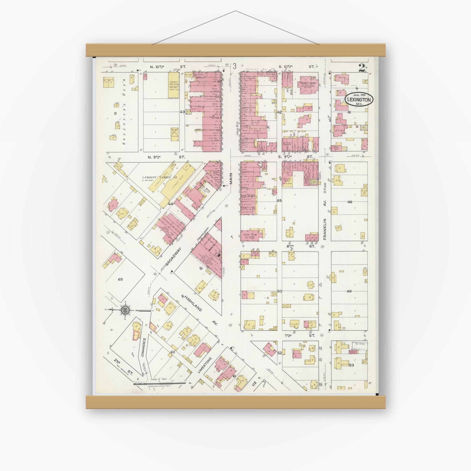 Old map wall art mockup — magnetic wood frame on white wall — Sanborn Fire Insurance Map from Lexington, Lafayette County, Missouri (1918), Sheet #0002