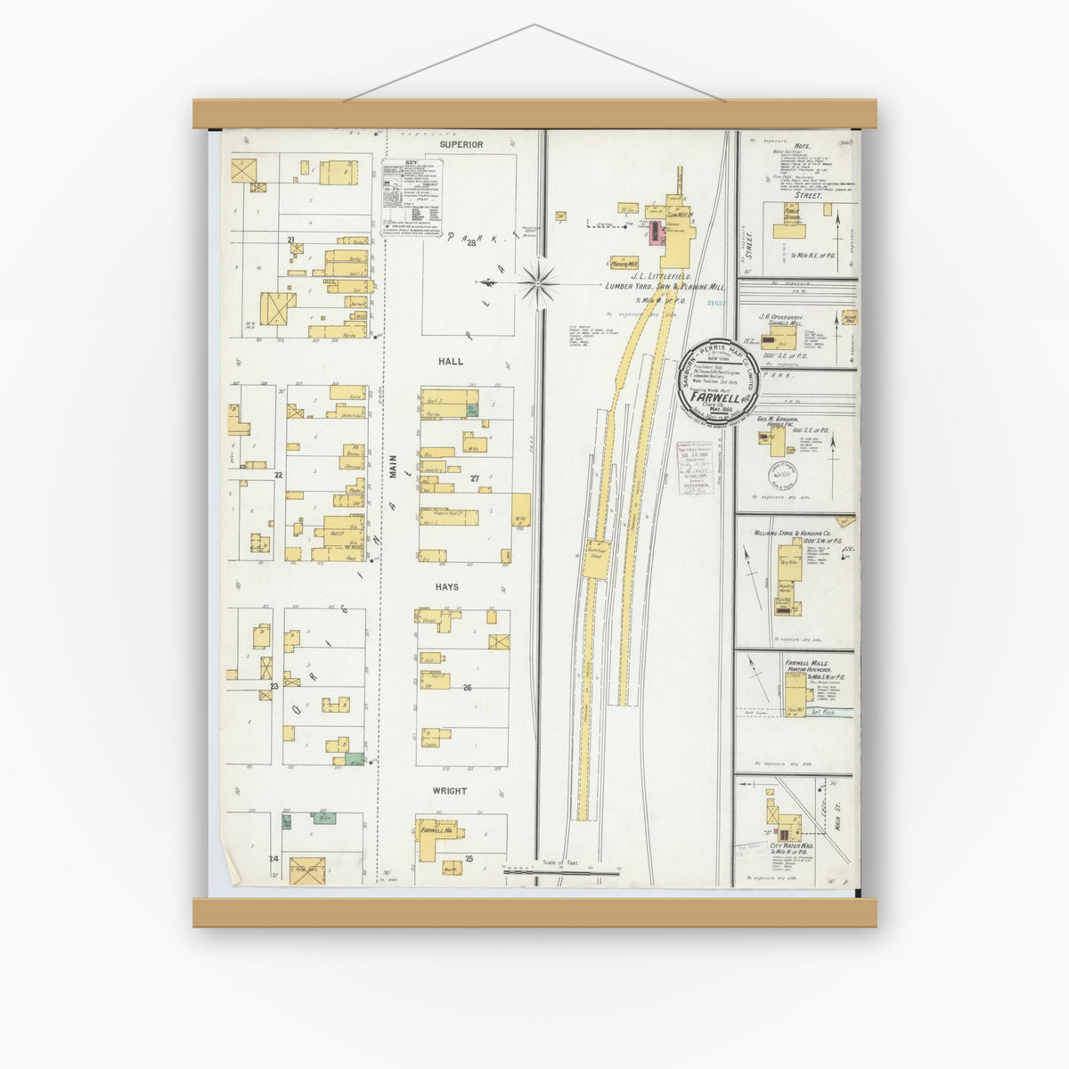 Old map wall art mockup — magnetic wood frame on white wall — Sanborn Fire Insurance Map from Farwell, Clare County, Michigan (1900), Sheet #0001