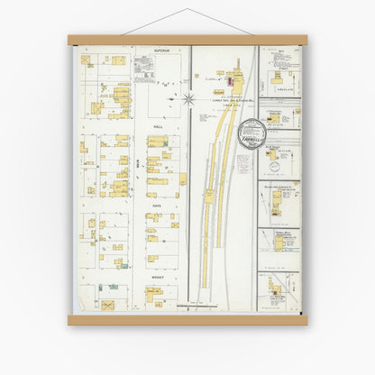 Old map wall art mockup — magnetic wood frame on white wall — Sanborn Fire Insurance Map from Farwell, Clare County, Michigan (1900), Sheet #0001
