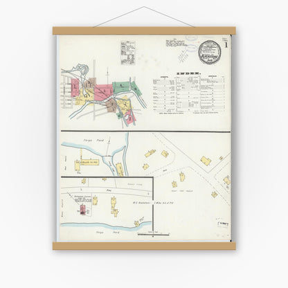 Old map wall art mockup — magnetic wood frame on white wall — Sanborn Fire Insurance Map from Blackstone, Worcester County, Massachusetts (1898) - Complete Map Set