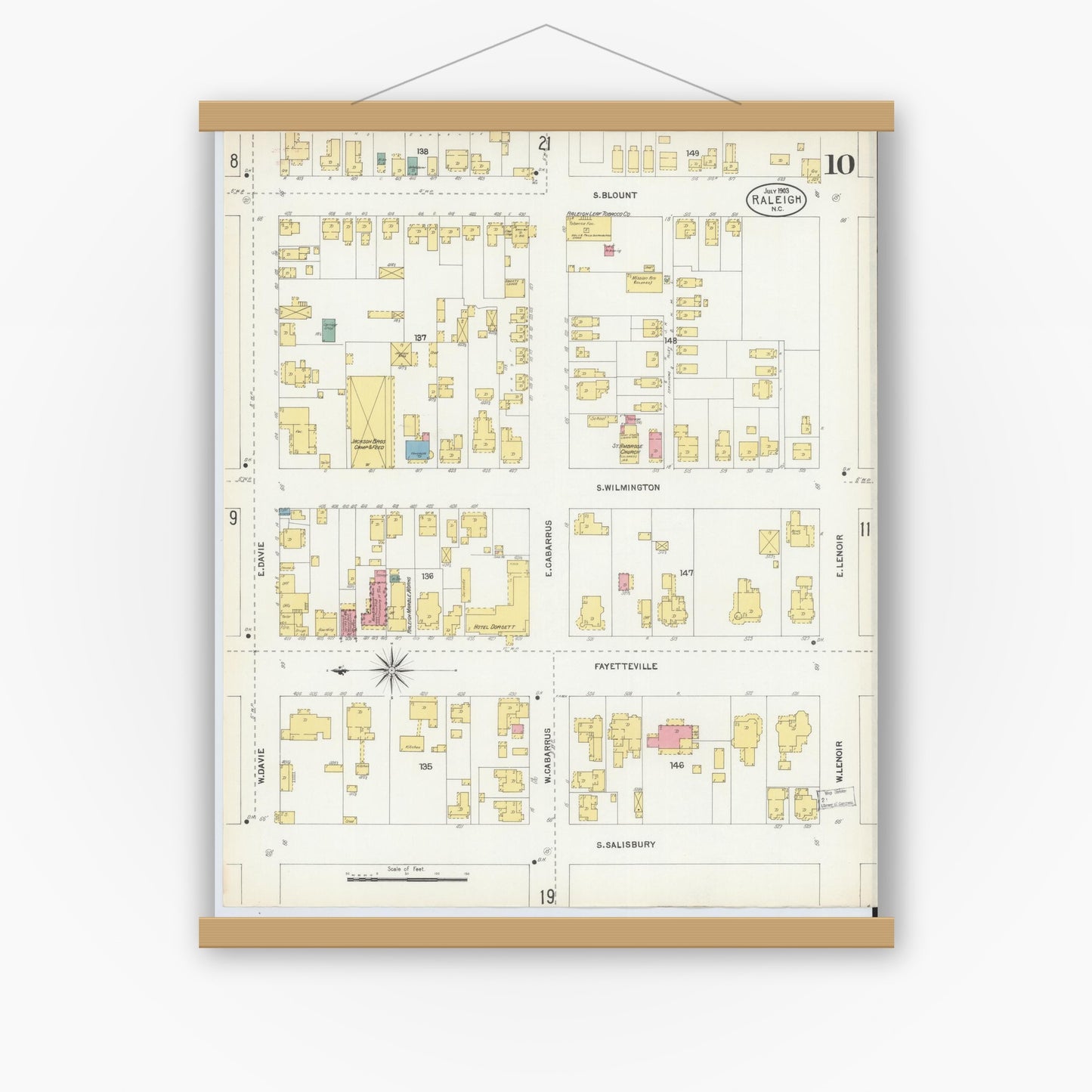 Old map wall art mockup — magnetic wood frame on white wall — Sanborn Fire Insurance Map from Raleigh, Wake County, North Carolina (1903), Sheet #0010
