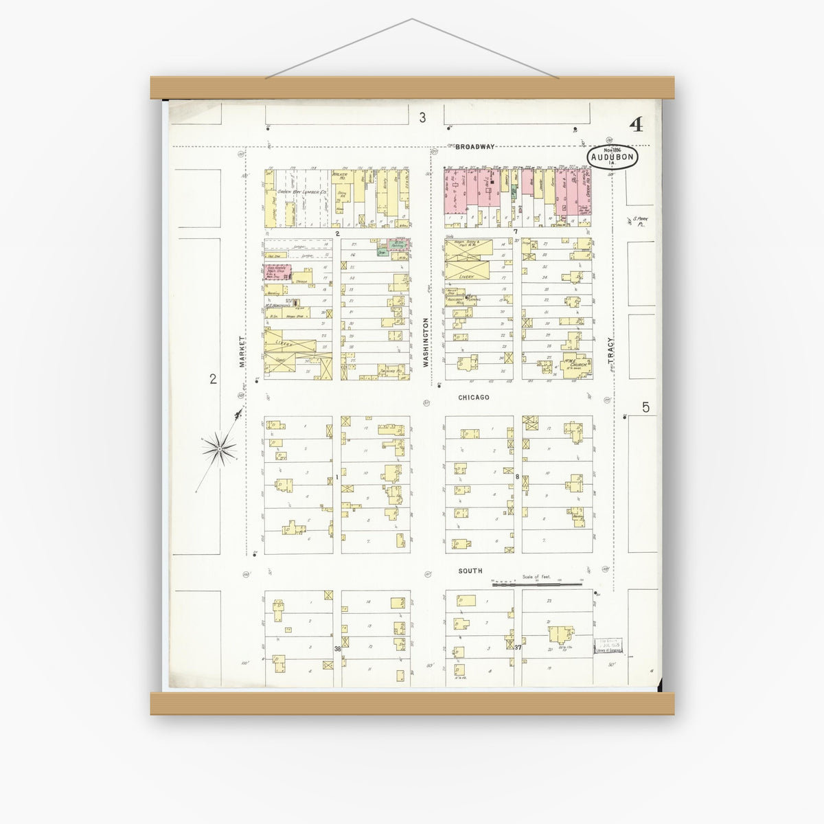 Old map wall art mockup — magnetic wood frame on white wall — Sanborn Fire Insurance Map from Audubon, Audubon County, Iowa (1896), Sheet #0004