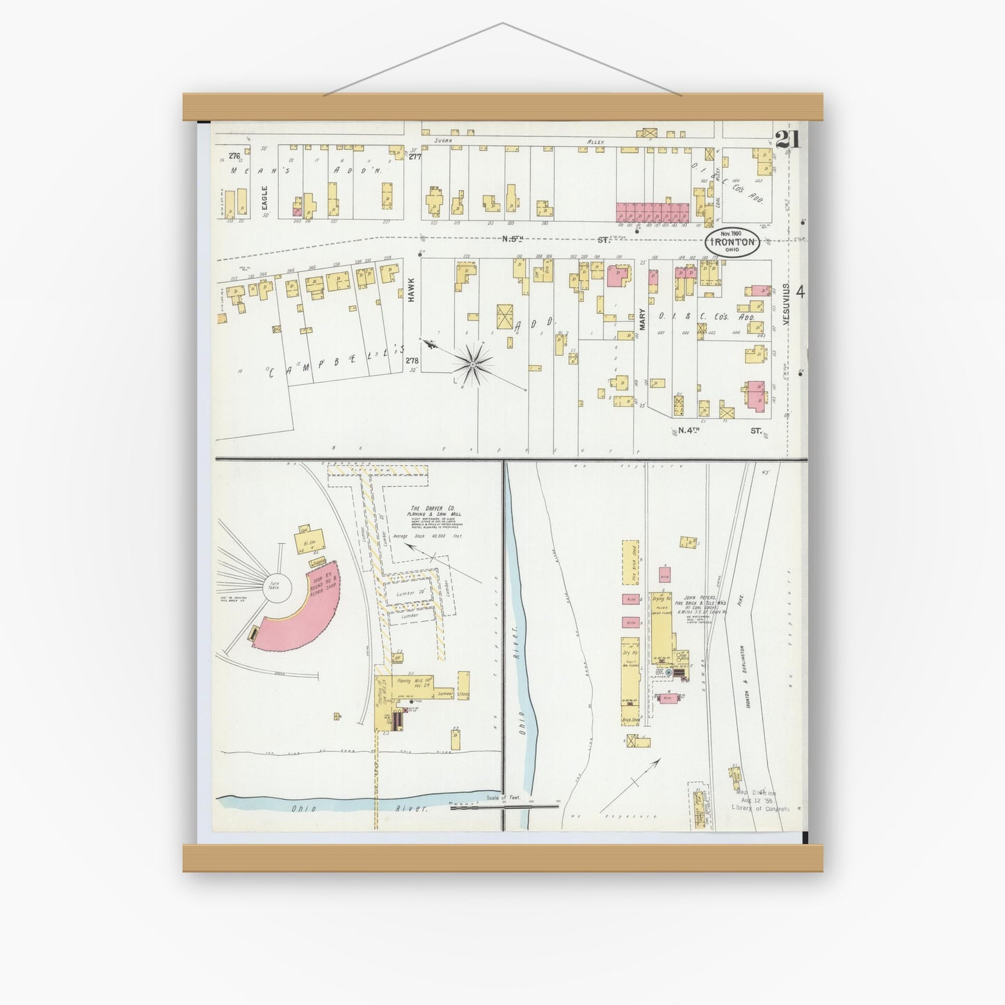 Old map wall art mockup — magnetic wood frame on white wall — Sanborn Fire Insurance Map from Ironton, Lawrence County, Ohio (1900), Sheet #0021