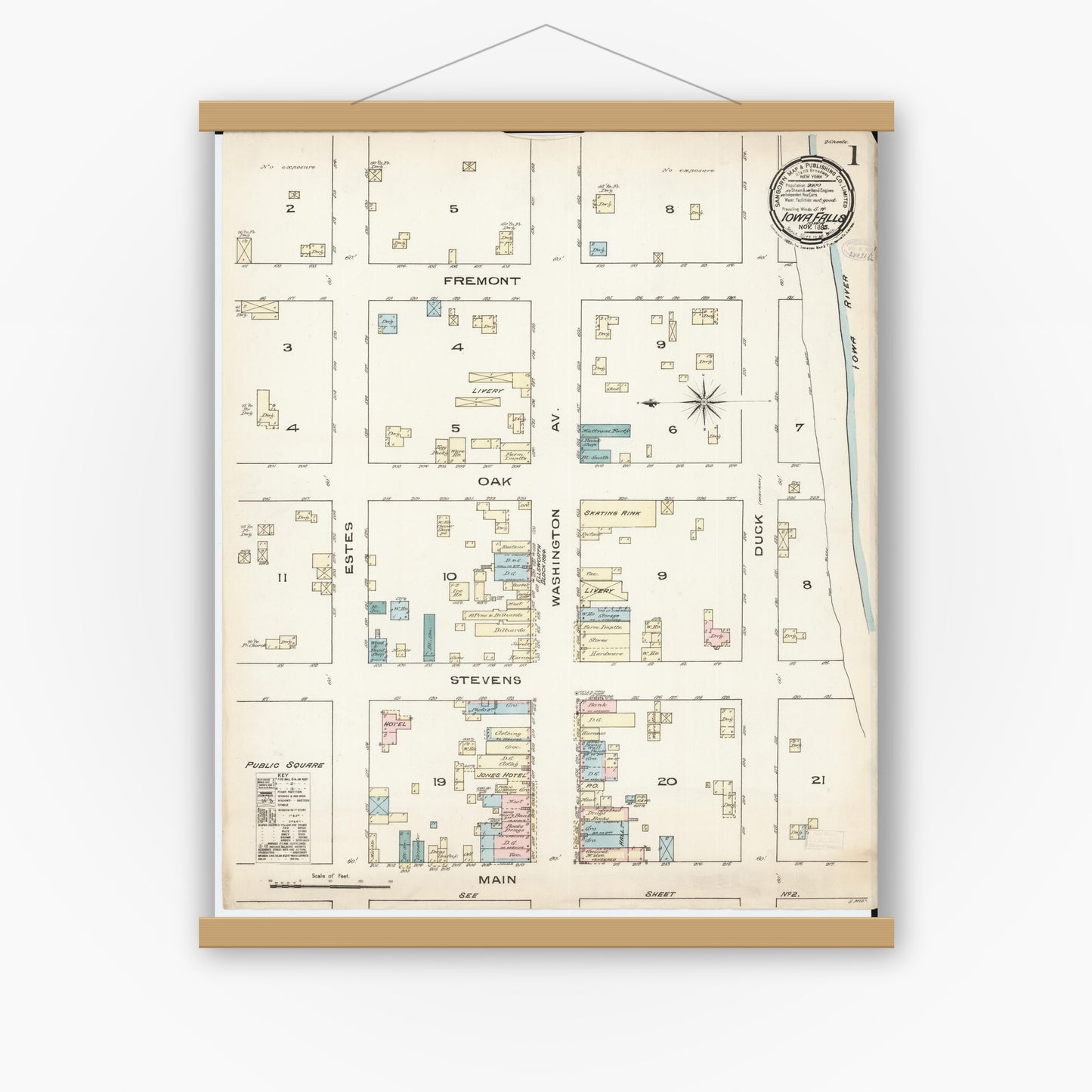 Old map wall art mockup — magnetic wood frame on white wall — Sanborn Fire Insurance Map from Iowa Falls, Hardin County, Iowa (1885) â€” Complete Set
