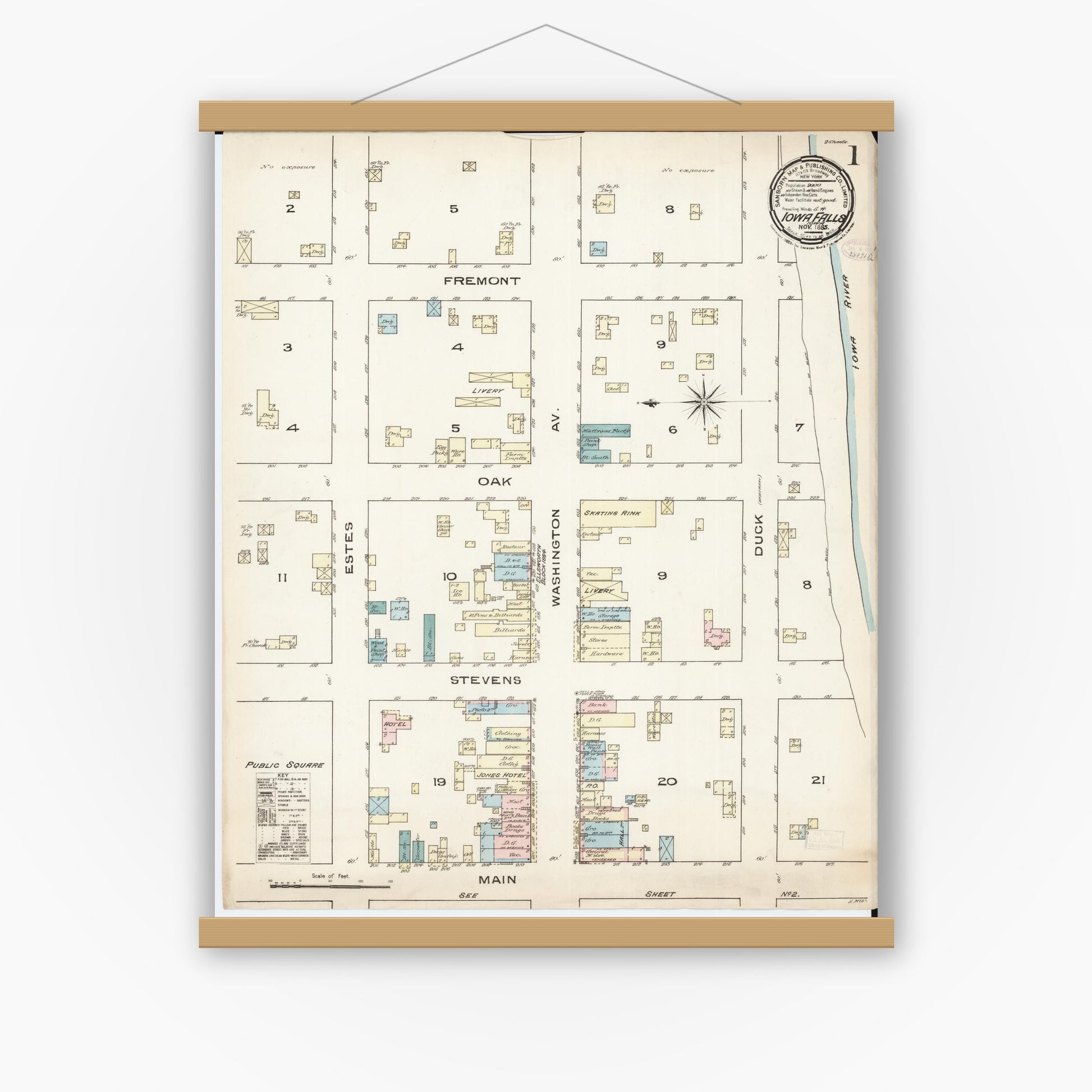 Old map wall art mockup — magnetic wood frame on white wall — Sanborn Fire Insurance Map from Iowa Falls, Hardin County, Iowa (1885) â€” Complete Set