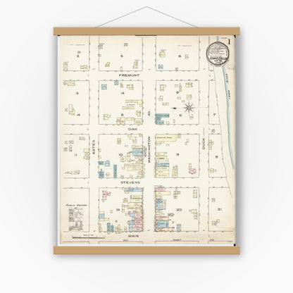 Old map wall art mockup — magnetic wood frame on white wall — Sanborn Fire Insurance Map from Iowa Falls, Hardin County, Iowa (1885) â€” Complete Set