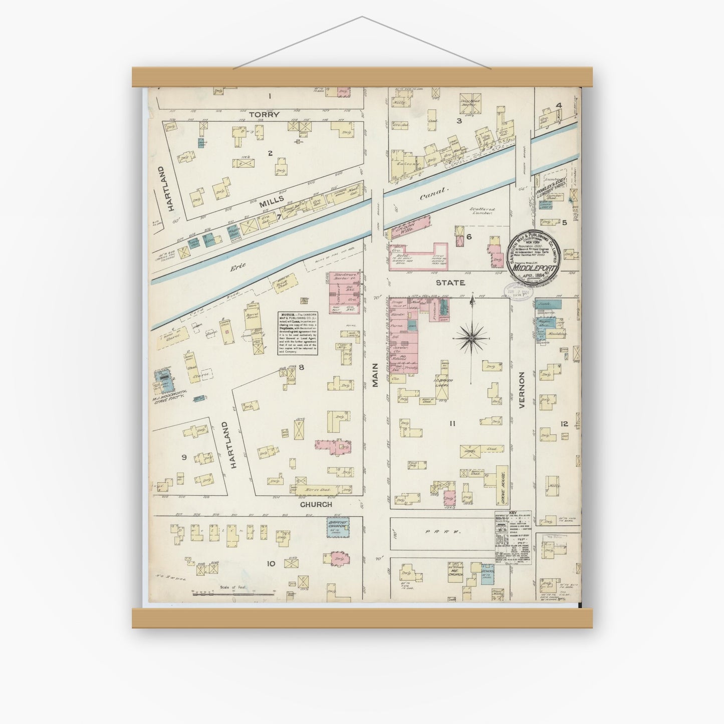 Old map wall art mockup — magnetic wood frame on white wall — Sanborn Fire Insurance Map from Middleport, Niagara County, New York (1884), Sheet #0001
