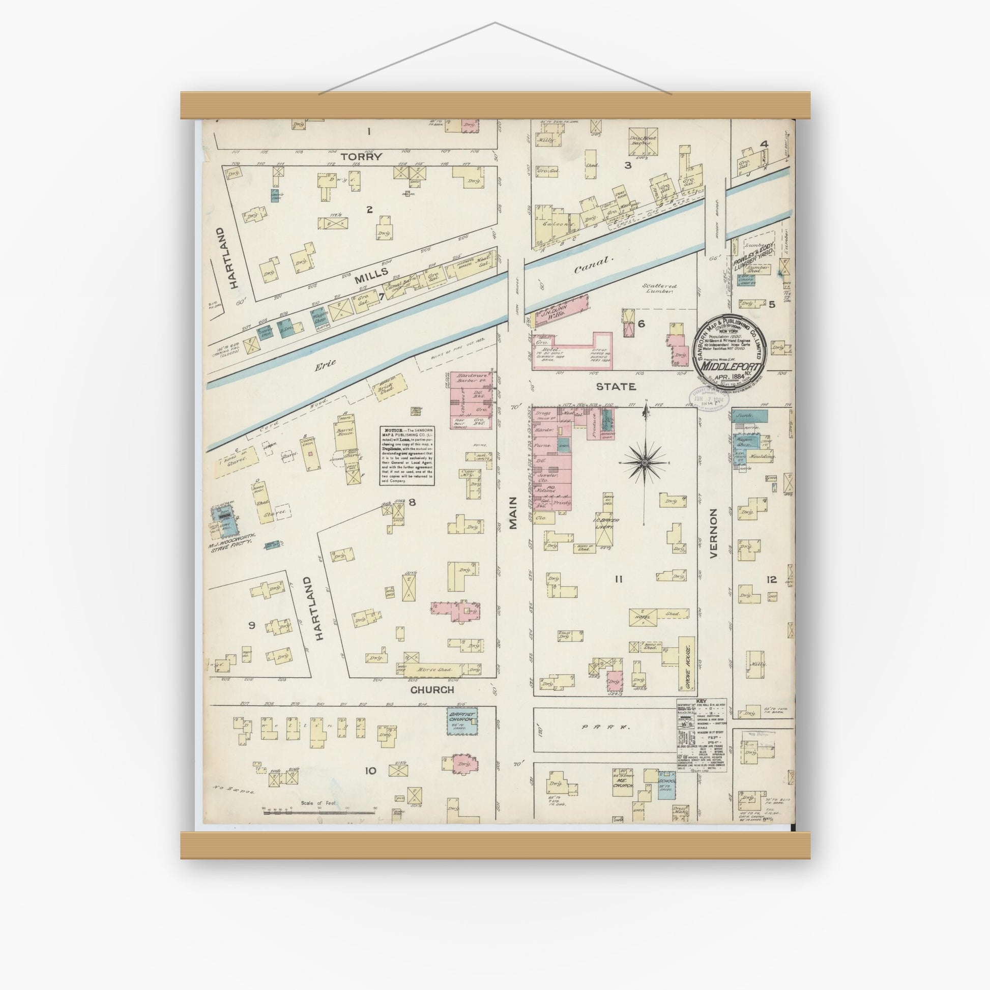 Old map wall art mockup — magnetic wood frame on white wall — Sanborn Fire Insurance Map from Middleport, Niagara County, New York (1884), Sheet #0001