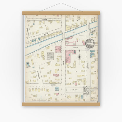Old map wall art mockup — magnetic wood frame on white wall — Sanborn Fire Insurance Map from Middleport, Niagara County, New York (1884), Sheet #0001