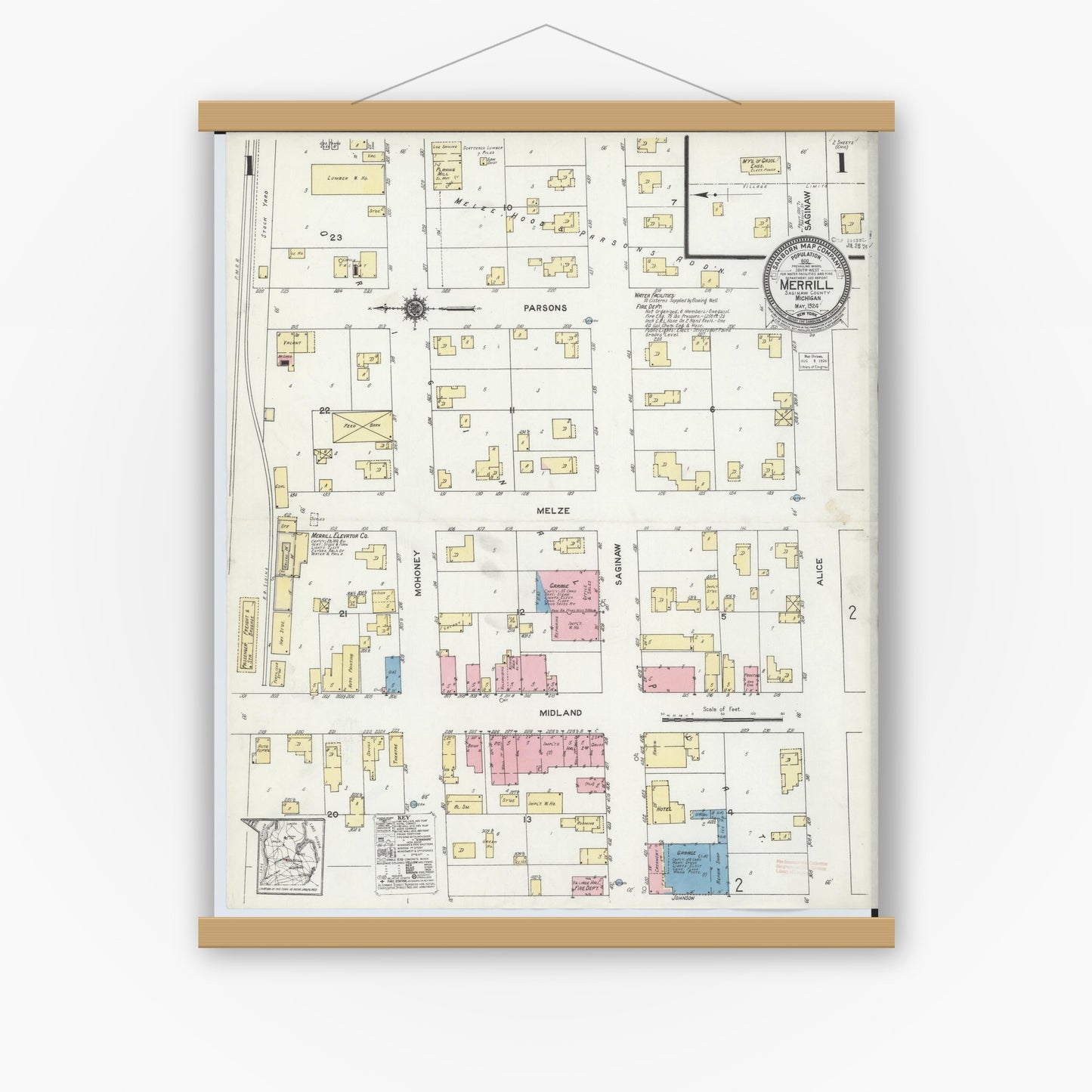 Old map wall art mockup — magnetic wood frame on white wall — Sanborn Fire Insurance Map from Merrill, Saginaw County, Michigan (1924) - Complete Map Set