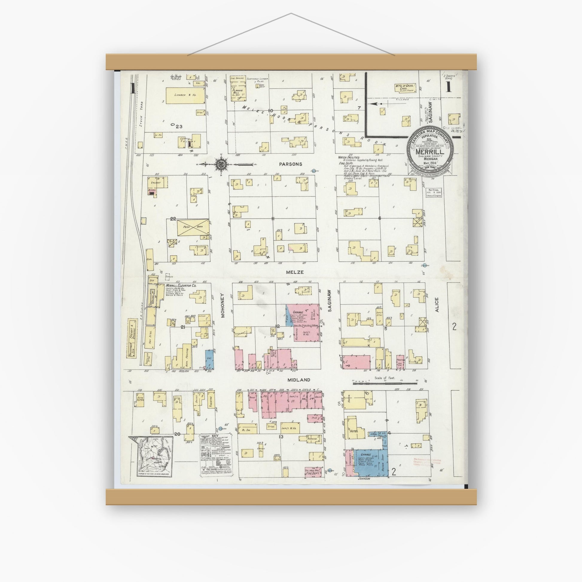 Old map wall art mockup — magnetic wood frame on white wall — Sanborn Fire Insurance Map from Merrill, Saginaw County, Michigan (1924) - Complete Map Set