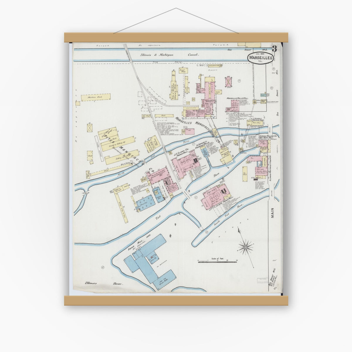 Old map wall art mockup — magnetic wood frame on white wall — Sanborn Fire Insurance Map from Marseilles, La Salle County, Illinois (1889), Sheet #0003