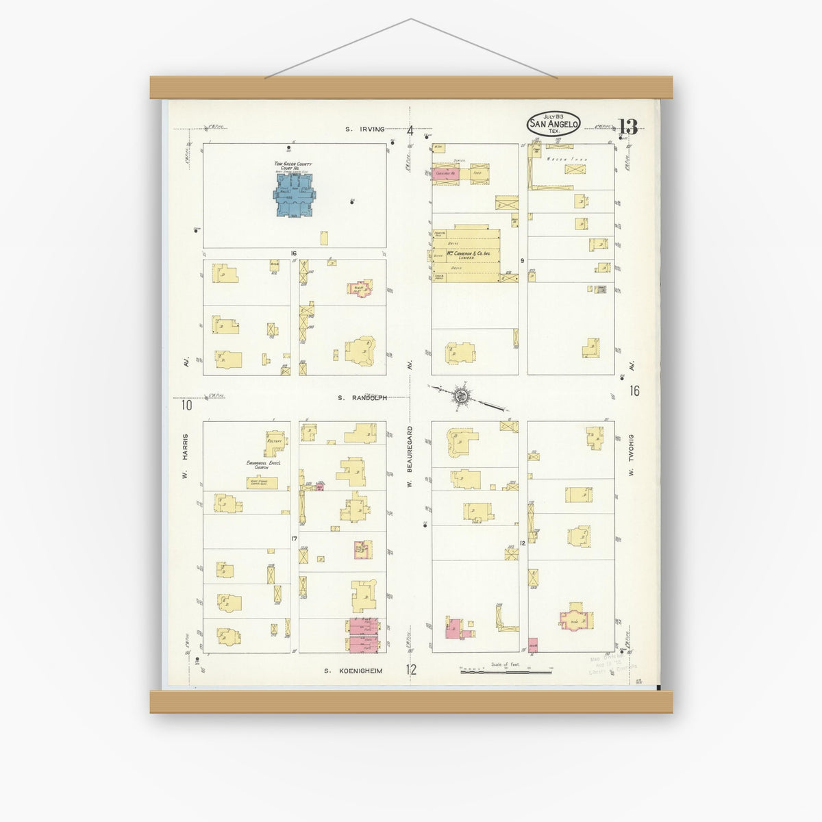 Old map wall art mockup — magnetic wood frame on white wall — Sanborn Fire Insurance Map from San Angelo, Tom Green County, Texas (1913), Sheet #0013