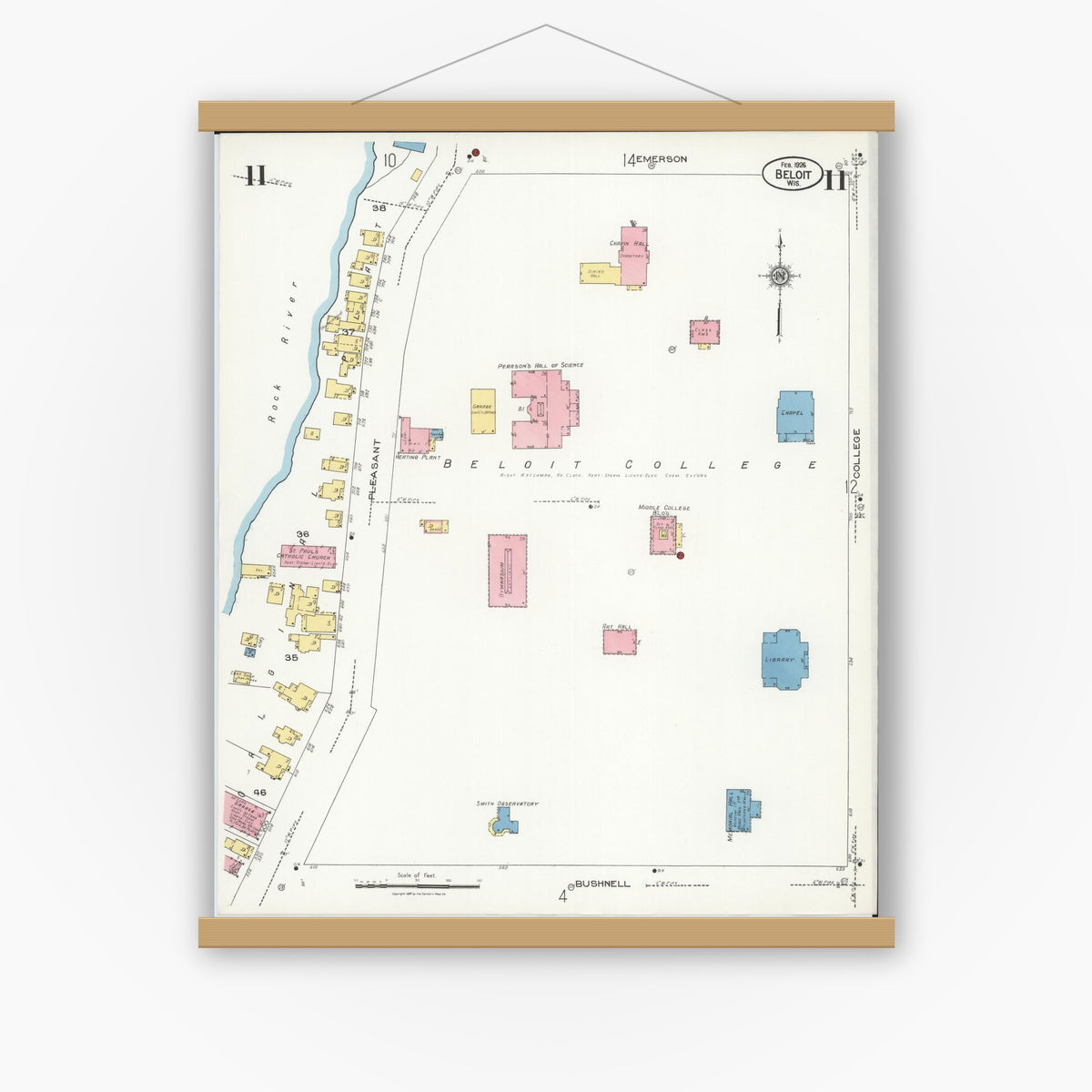 Old map wall art mockup — magnetic wood frame on white wall — Sanborn Fire Insurance Map from Beloit, Rock County, Wisconsin (1926), Sheet #0011