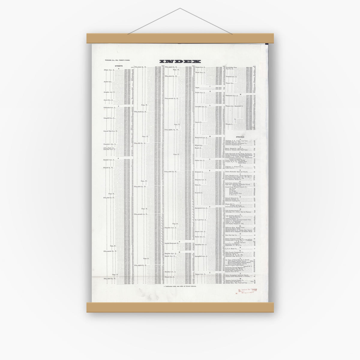 Old map wall art mockup — magnetic wood frame on white wall — Sanborn Fire Insurance Map from Chicago, Cook County, Illinois (1920), Sheet #0001