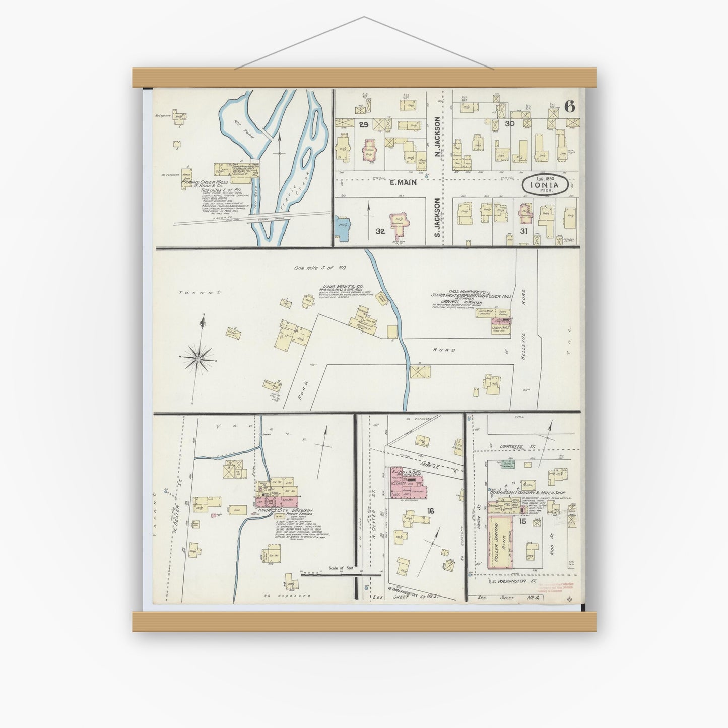 Old map wall art mockup — magnetic wood frame on white wall — Sanborn Fire Insurance Map from Ionia, Ionia County, Michigan (1890), Sheet #0006