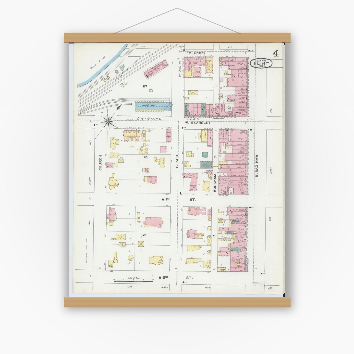 Old map wall art mockup — magnetic wood frame on white wall — Sanborn Fire Insurance Map from Flint, Genesee County, Michigan (1892), Sheet #0004