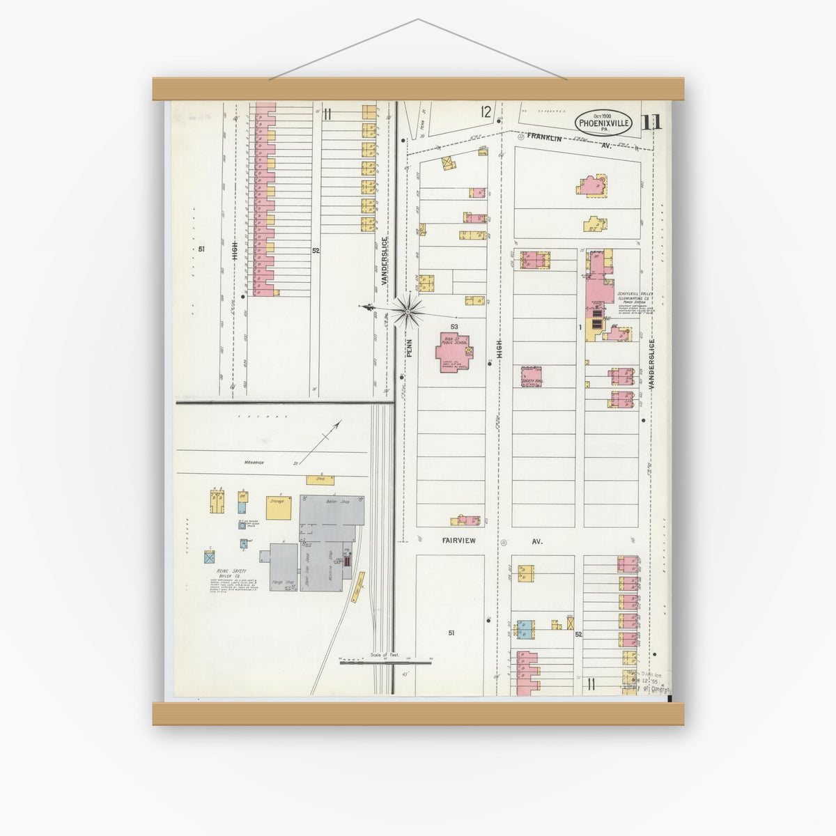 Old map wall art mockup — magnetic wood frame on white wall — Sanborn Fire Insurance Map from Phoenixville, Chester County, Pennsylvania (1900), Sheet #0011