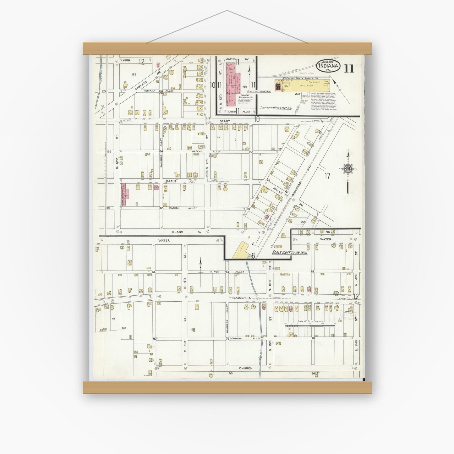 Old map wall art mockup — magnetic wood frame on white wall — Sanborn Fire Insurance Map from Indiana, Indiana County, Pennsylvania (1916), Sheet #0011