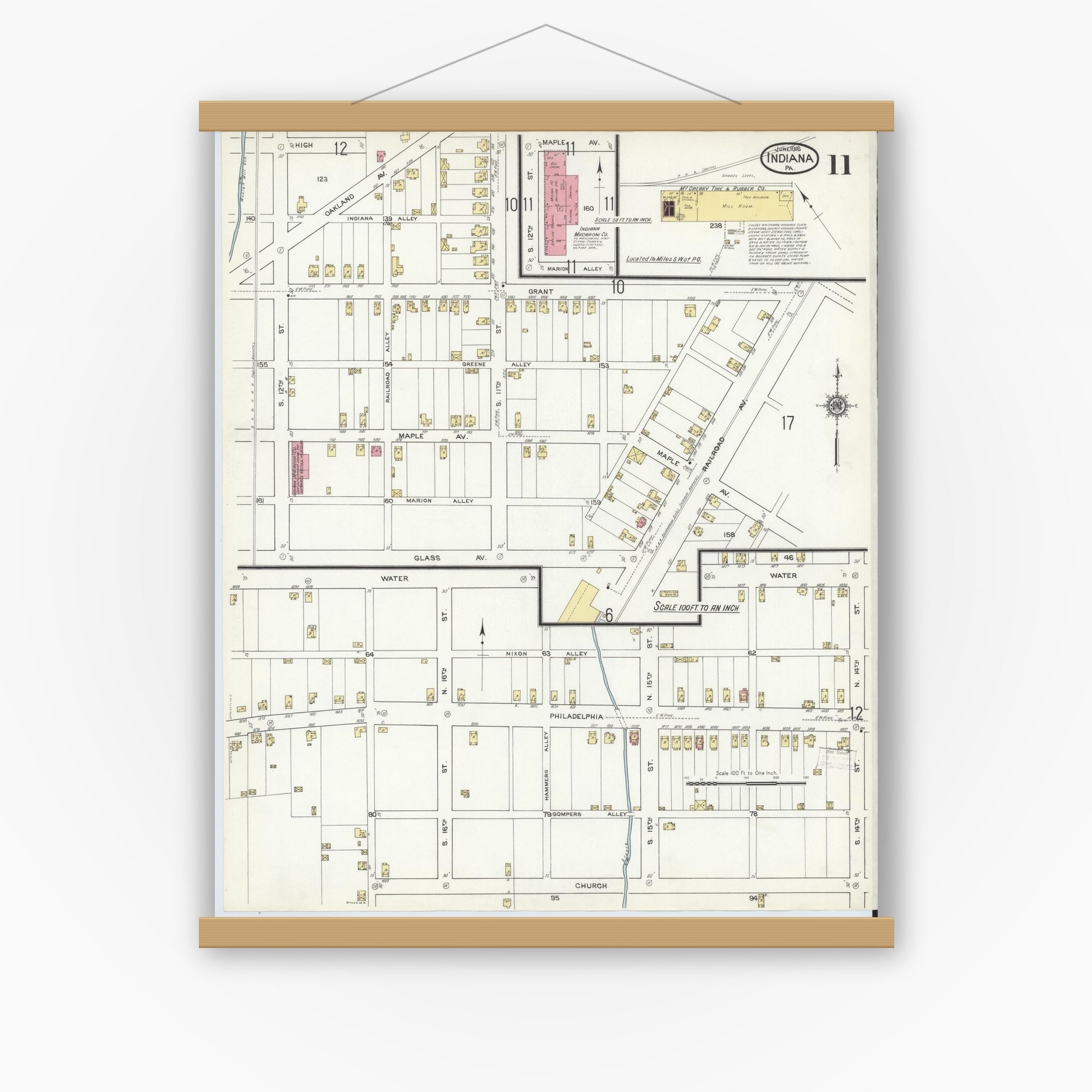Old map wall art mockup — magnetic wood frame on white wall — Sanborn Fire Insurance Map from Indiana, Indiana County, Pennsylvania (1916), Sheet #0011