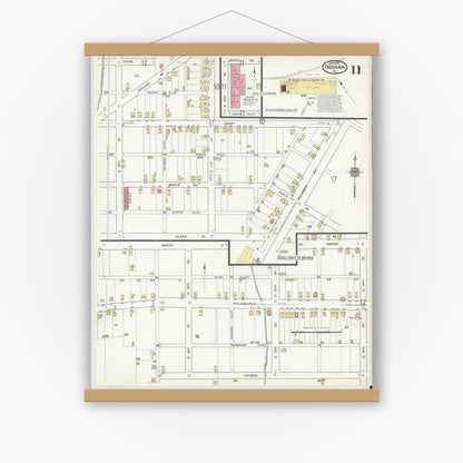 Old map wall art mockup — magnetic wood frame on white wall — Sanborn Fire Insurance Map from Indiana, Indiana County, Pennsylvania (1916), Sheet #0011