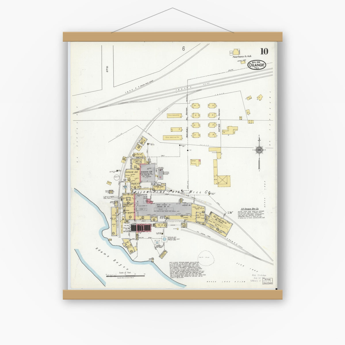 Old map wall art mockup — magnetic wood frame on white wall — Sanborn Fire Insurance Map from Orange, Orange County, Texas (1919), Sheet #0010