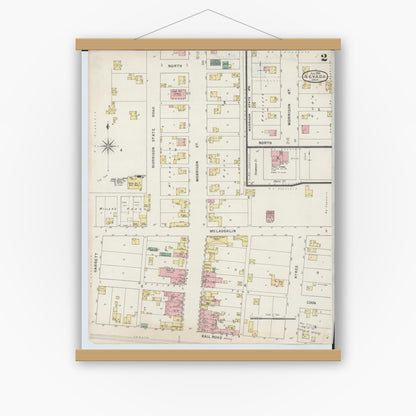 Old map wall art mockup — magnetic wood frame on white wall — Sanborn Fire Insurance Map from Nevada, Wyandot County, Ohio (1895), Sheet #0002