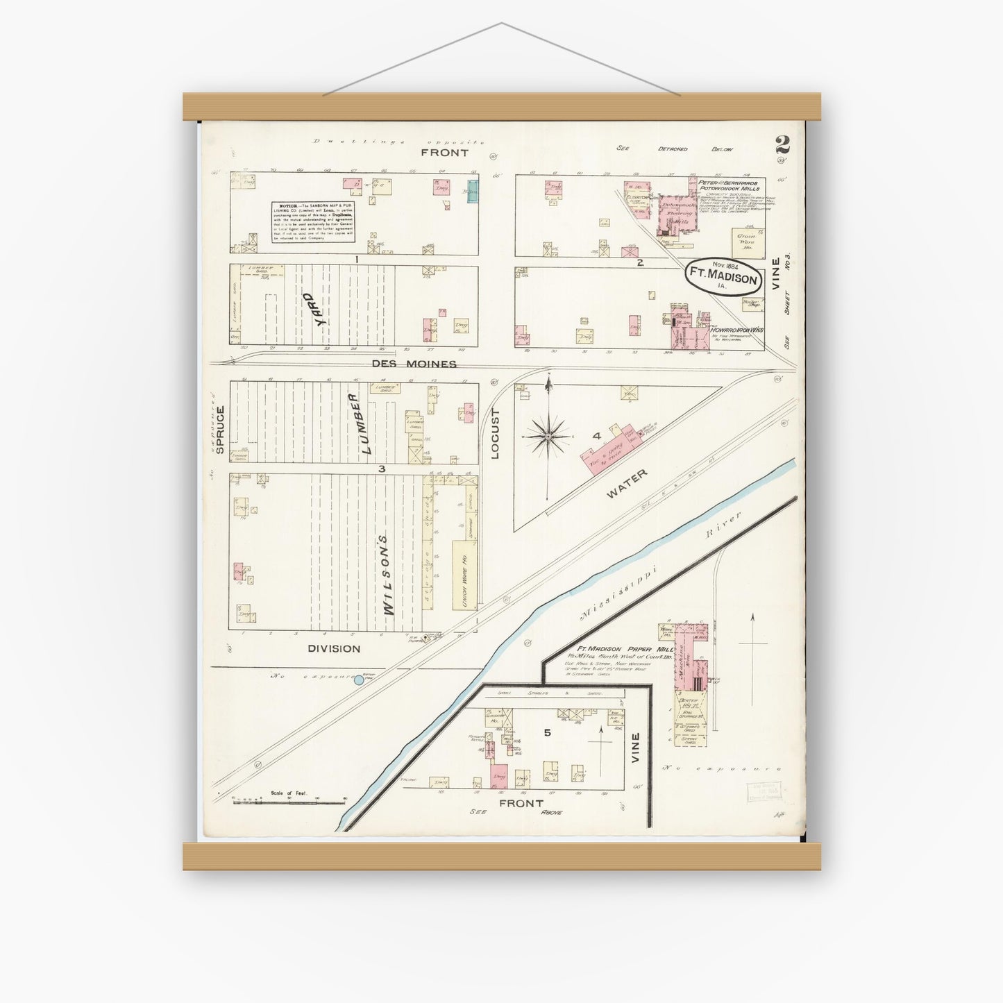 Old map wall art mockup — magnetic wood frame on white wall — Sanborn Fire Insurance Map from Fort Madison, Lee County, Iowa (1884), Sheet #0002