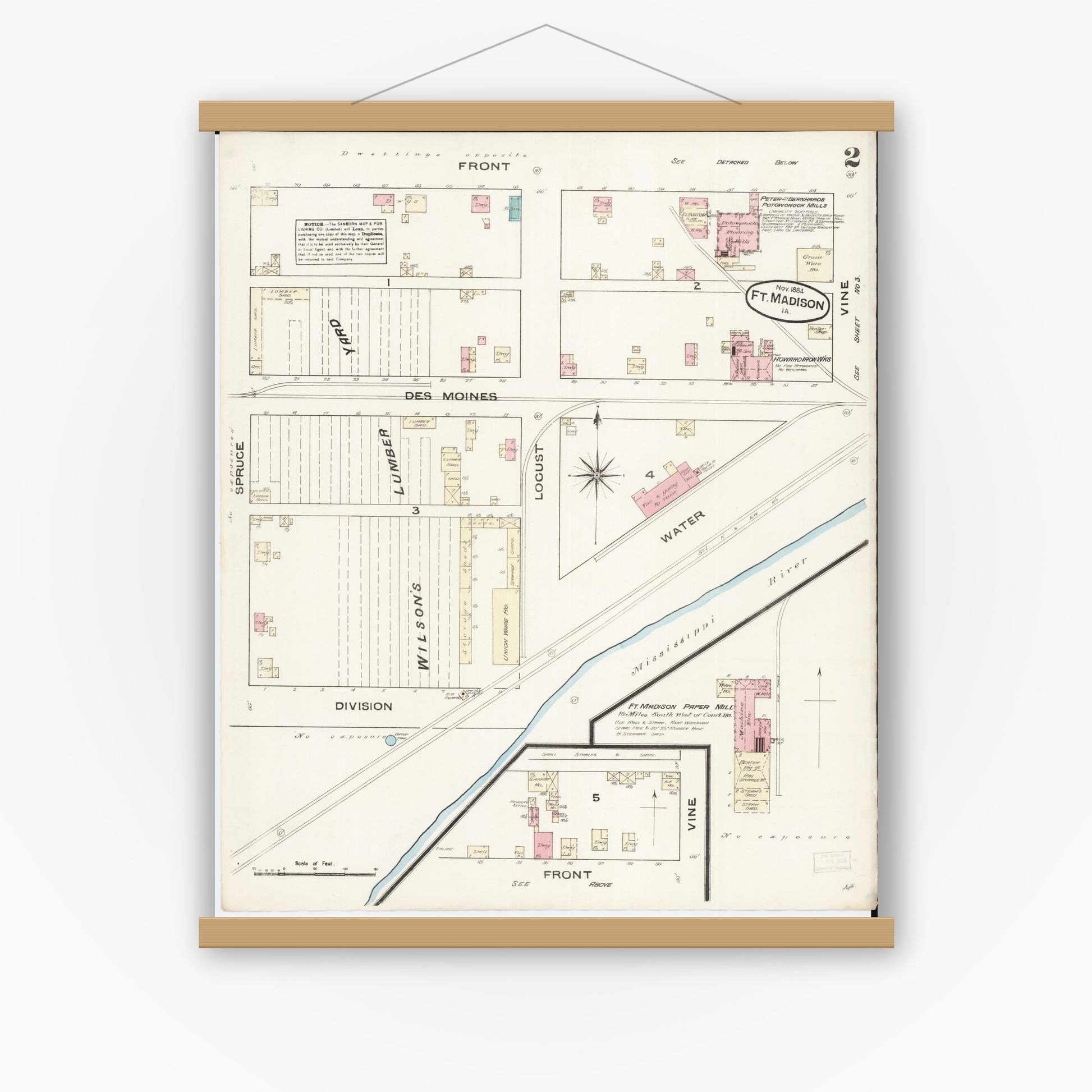 Old map wall art mockup — magnetic wood frame on white wall — Sanborn Fire Insurance Map from Fort Madison, Lee County, Iowa (1884), Sheet #0002