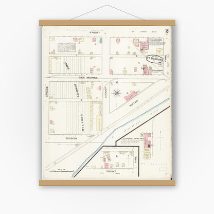 Old map wall art mockup — magnetic wood frame on white wall — Sanborn Fire Insurance Map from Fort Madison, Lee County, Iowa (1884), Sheet #0002