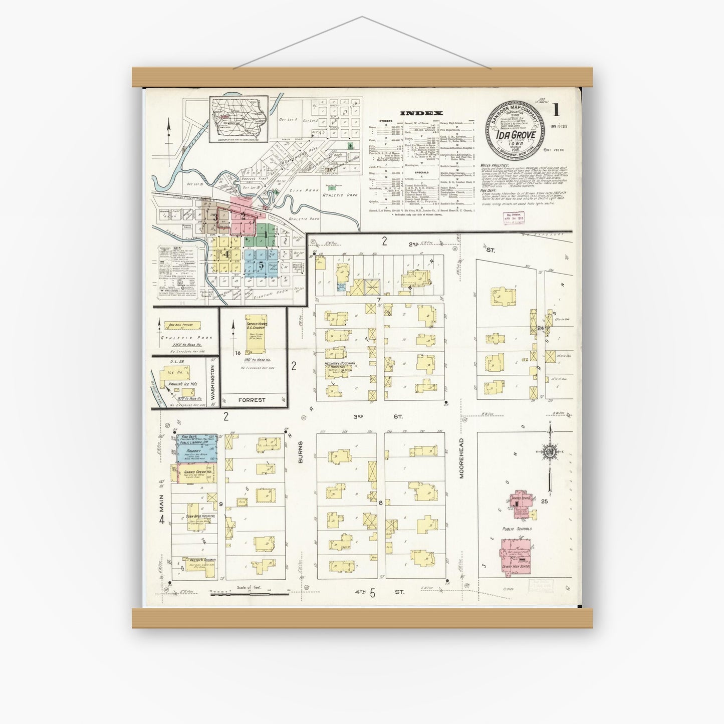 Old map wall art mockup — magnetic wood frame on white wall — Sanborn Fire Insurance Map from Ida Grove, Ida County, Iowa (1915), Sheet #0001