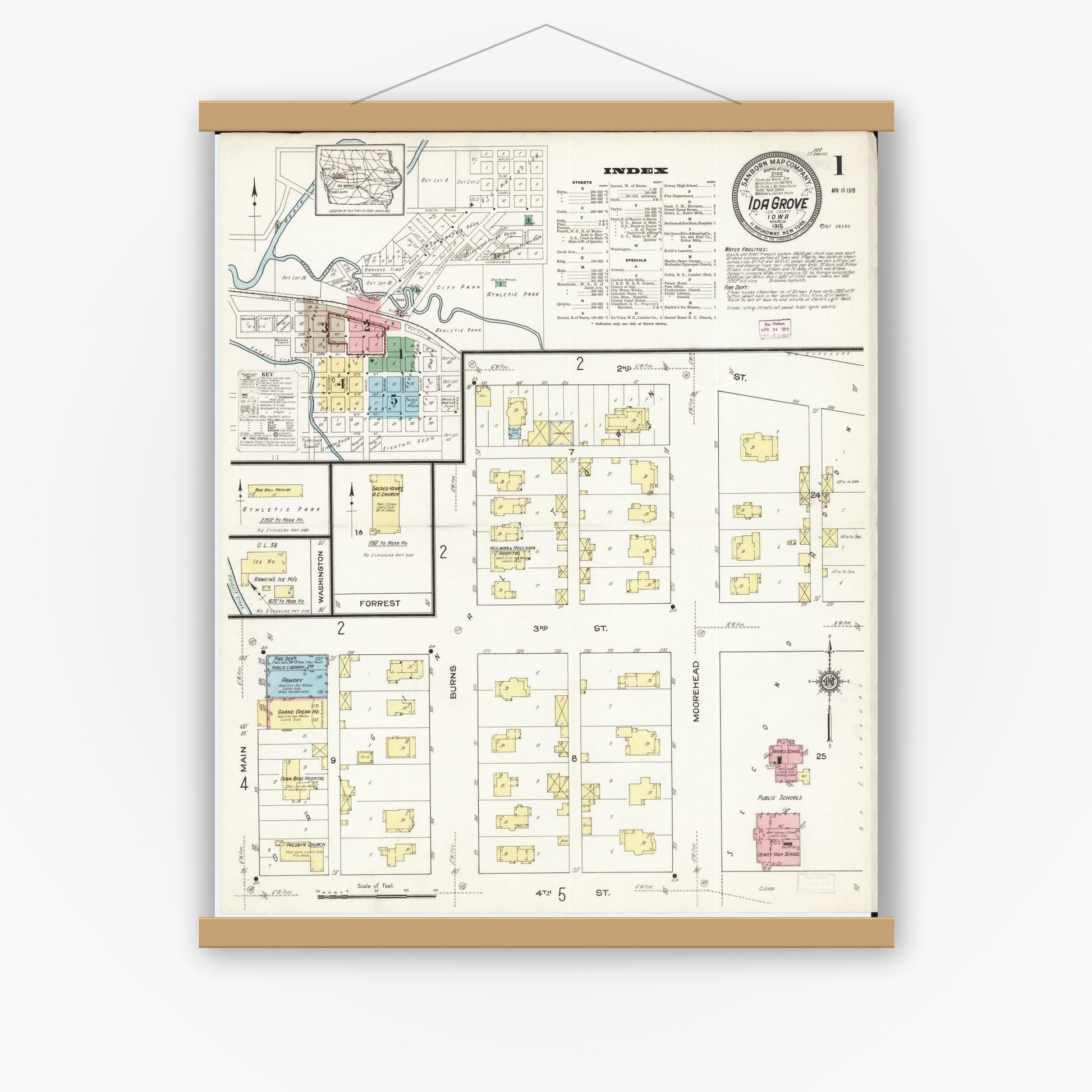 Old map wall art mockup — magnetic wood frame on white wall — Sanborn Fire Insurance Map from Ida Grove, Ida County, Iowa (1915), Sheet #0001
