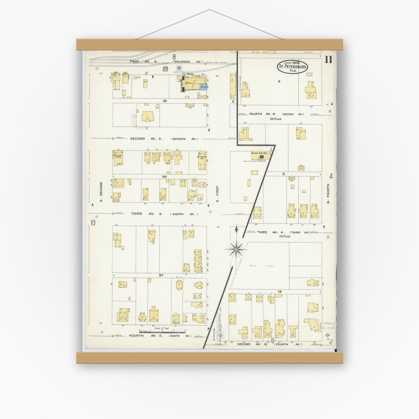 Old map wall art mockup — magnetic wood frame on white wall — Sanborn Fire Insurance Map from Saint Petersburg, Pinellas County, Florida (1908), Sheet #0011