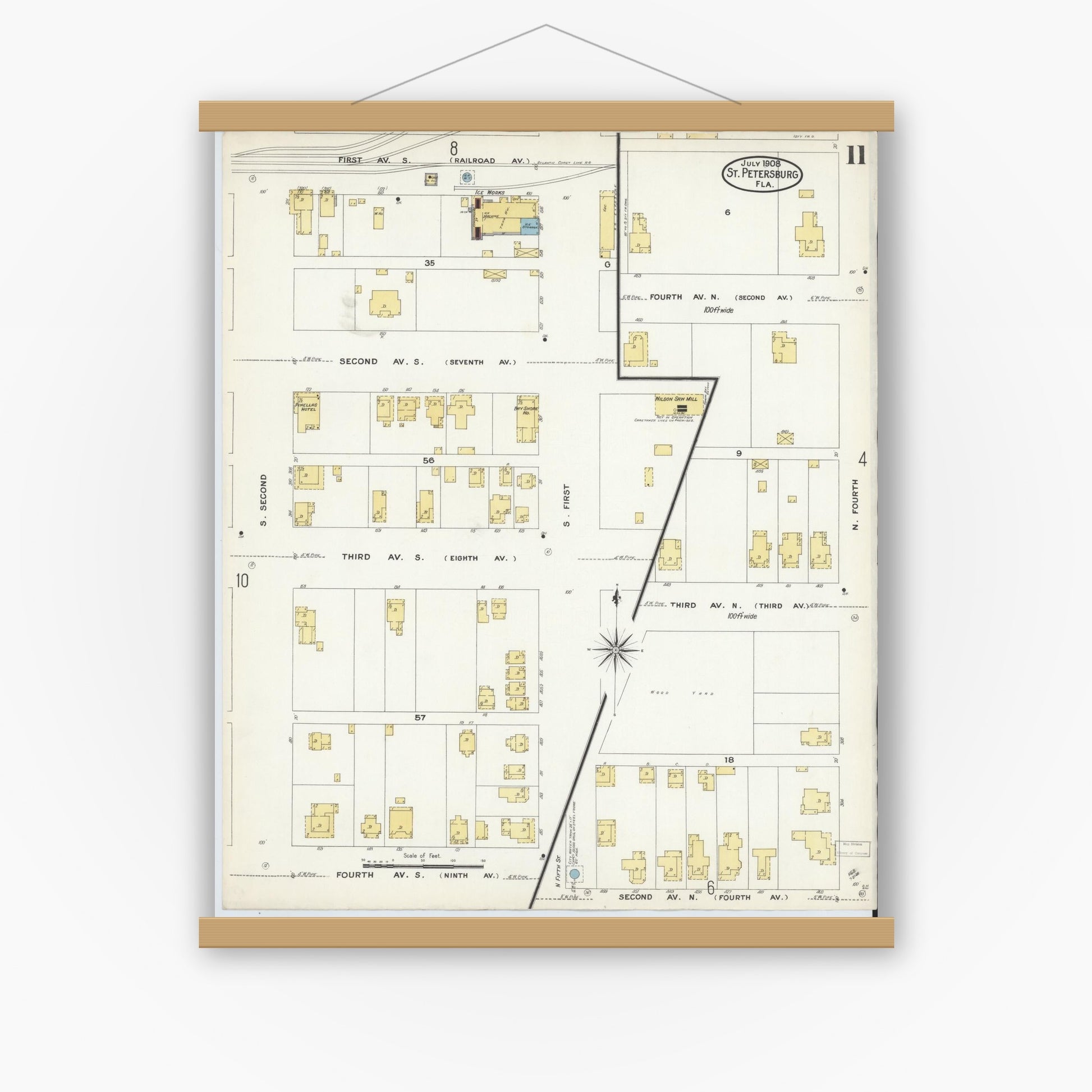 Old map wall art mockup — magnetic wood frame on white wall — Sanborn Fire Insurance Map from Saint Petersburg, Pinellas County, Florida (1908), Sheet #0011